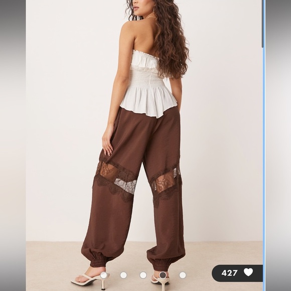 ASOS DESIGN lace insert harem pants in chocolate - Picture 4 of 4